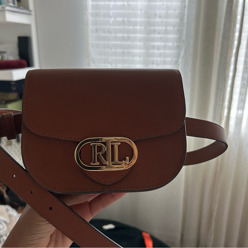 Ralph Lauren Brown Leather Crossbody Belt Bag with Gold RL Logo